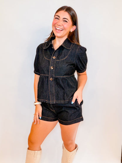 PETER PAN PUFF SLV TOP + DENIM SHORTS SET