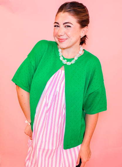 POINTELLE SINGLE BUTTON CARDIGAN - GREEN