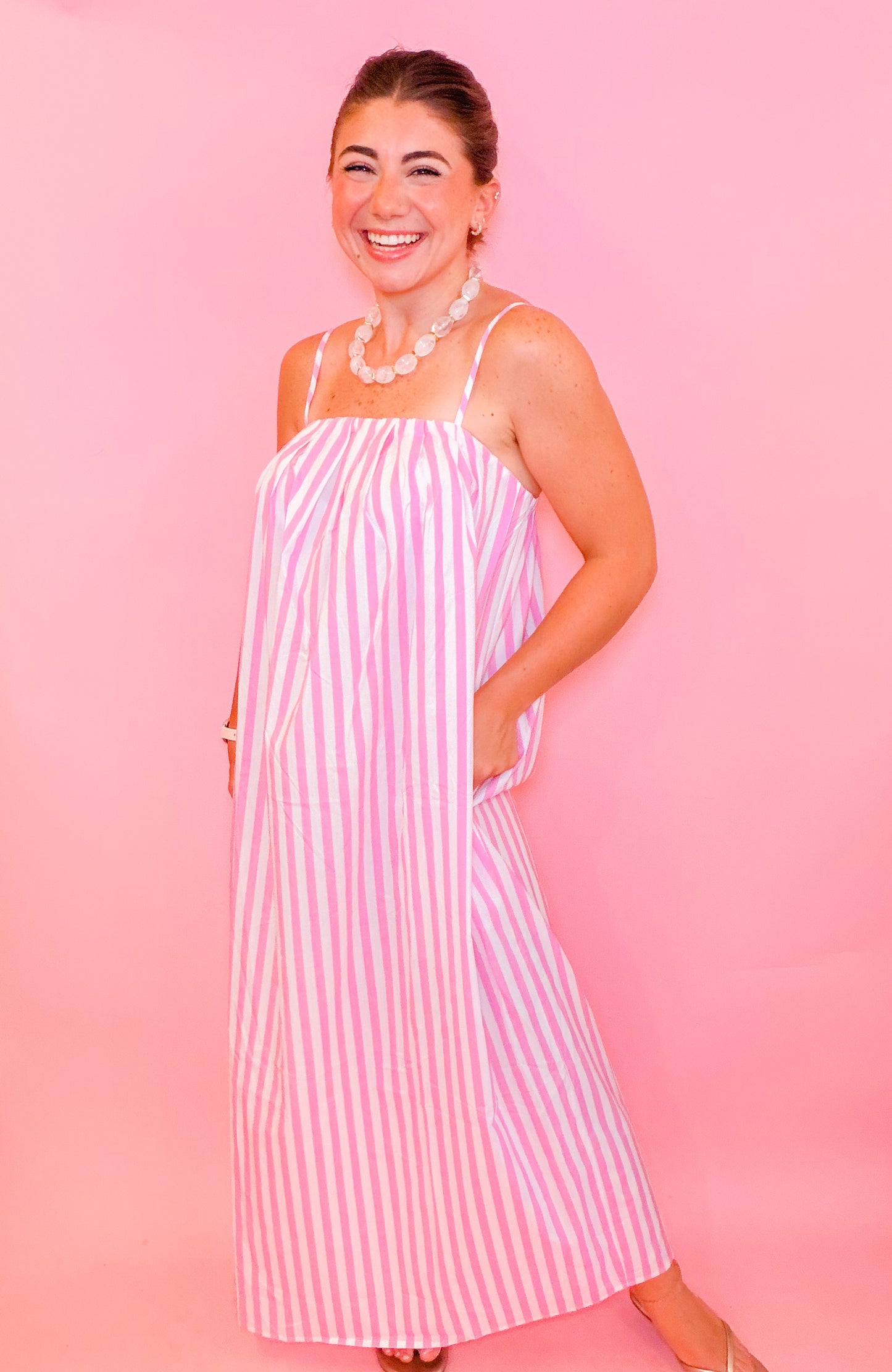 STRIPED MIDI DRESS - PINK/WHITE