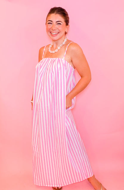 STRIPED MIDI DRESS - PINK/WHITE