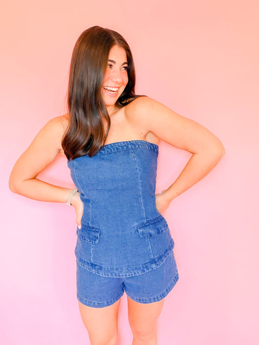 STRAPLESS 2FER DENIM ROMPER