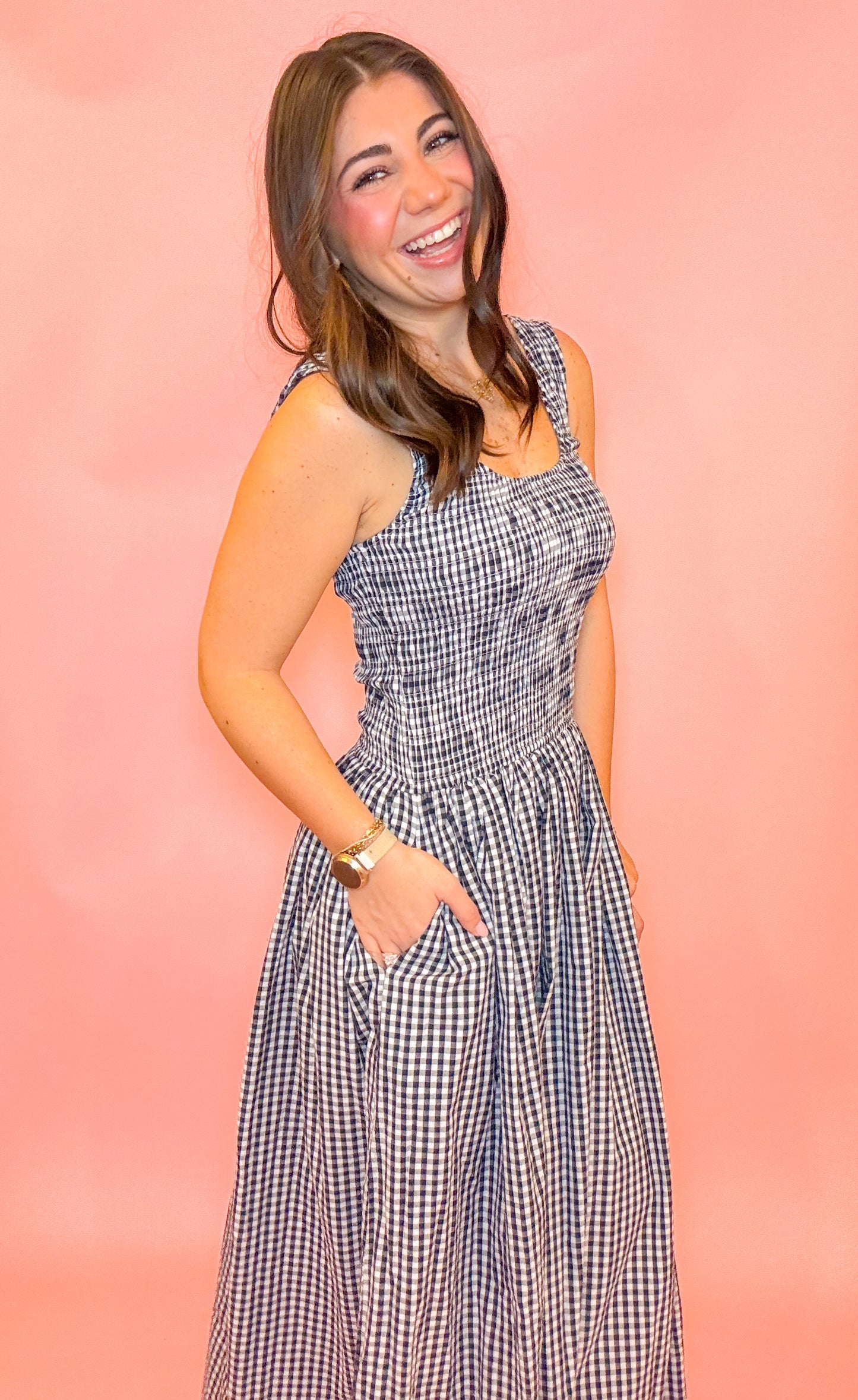 GINGHAM SMOCKED MIDI DRESS