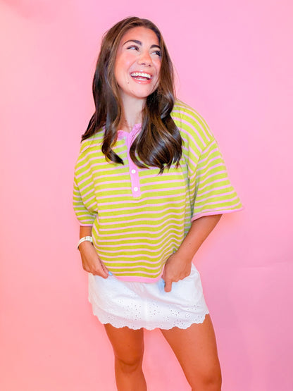 STRIPED HENLEY KNIT TOP - STRAWBERRY/MATCHA