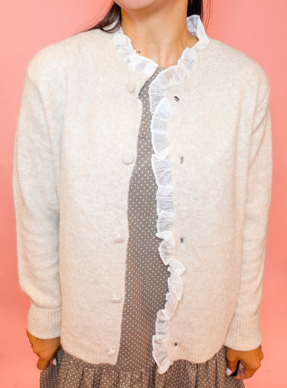 RUFFLE DETAIL SWEATER JACKET - LT TAUPE