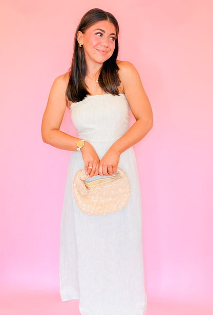 STRAPLESS STRIPED LINEN MIDI DRESS