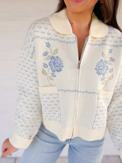 ROSE JACQUARD KNIT ZIP UP JACKET - BLUE