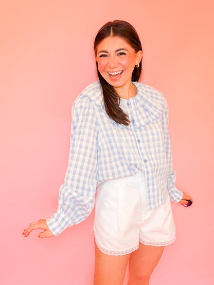 GINGHAM LONG SLEEVE BLOUSE - BLUE