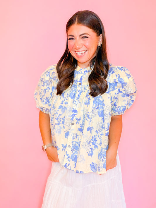 PUFF SLV BUTTON DOWN TOP - BUTTER/BLUE
