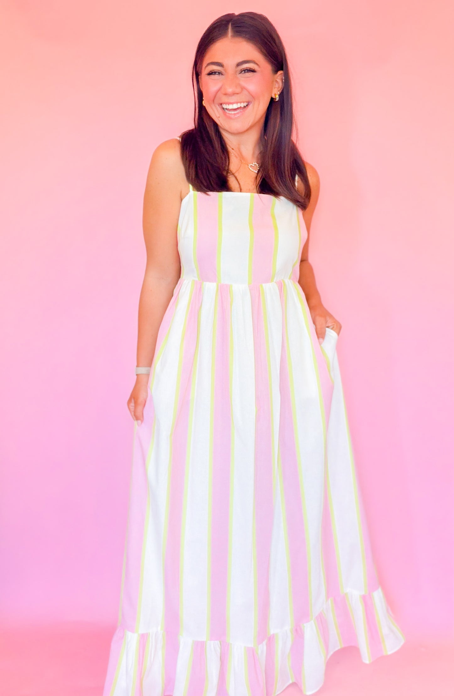 STRIPED RUFFLE BOTTOM MAXI DRESS