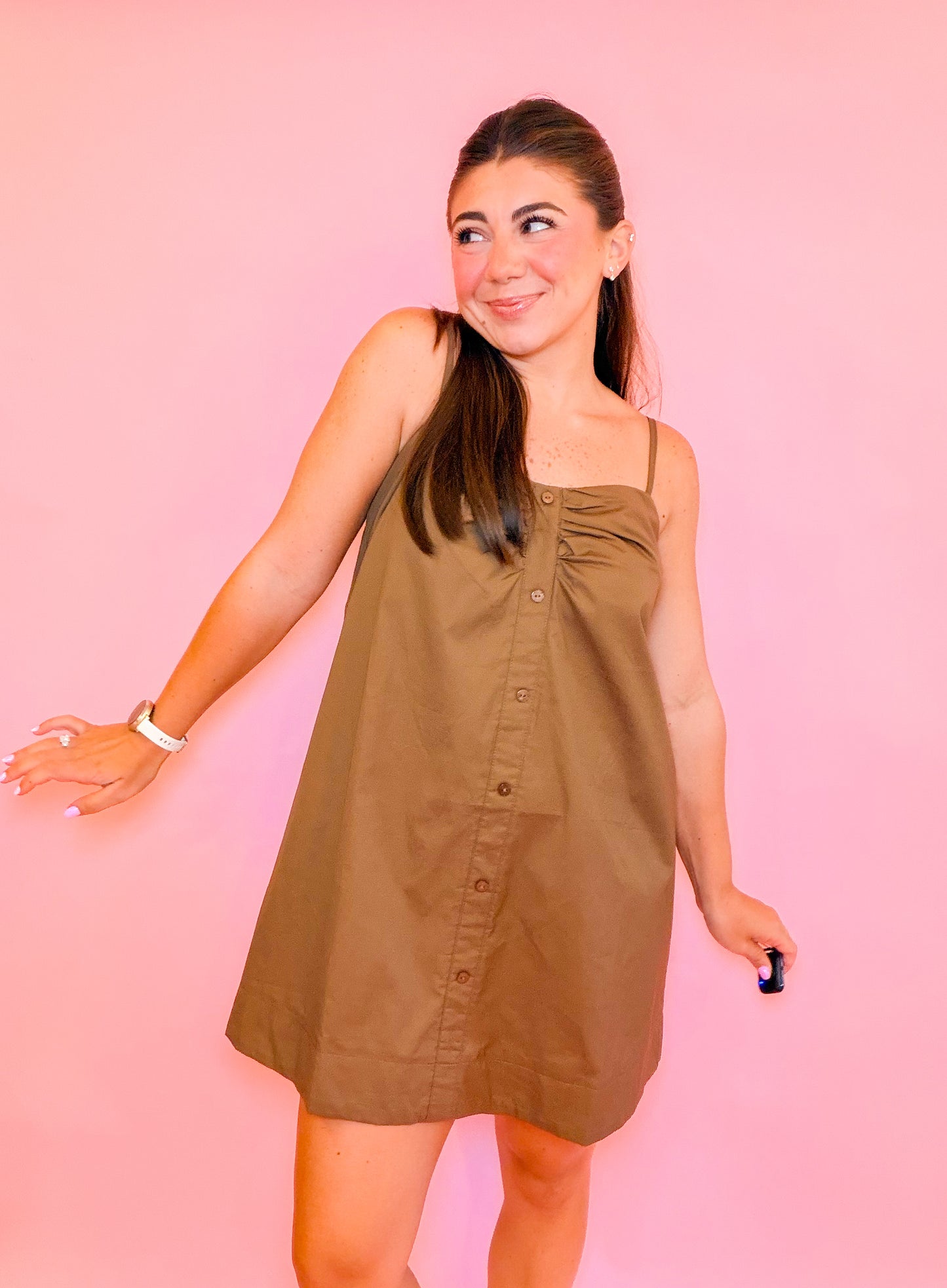 POPLIN RUCHED FAUX BUTTON CAMI MINI DRESS - BROWN