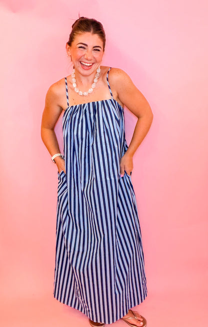 STRIPED MIDI DRESS -  BLUE/NAVY
