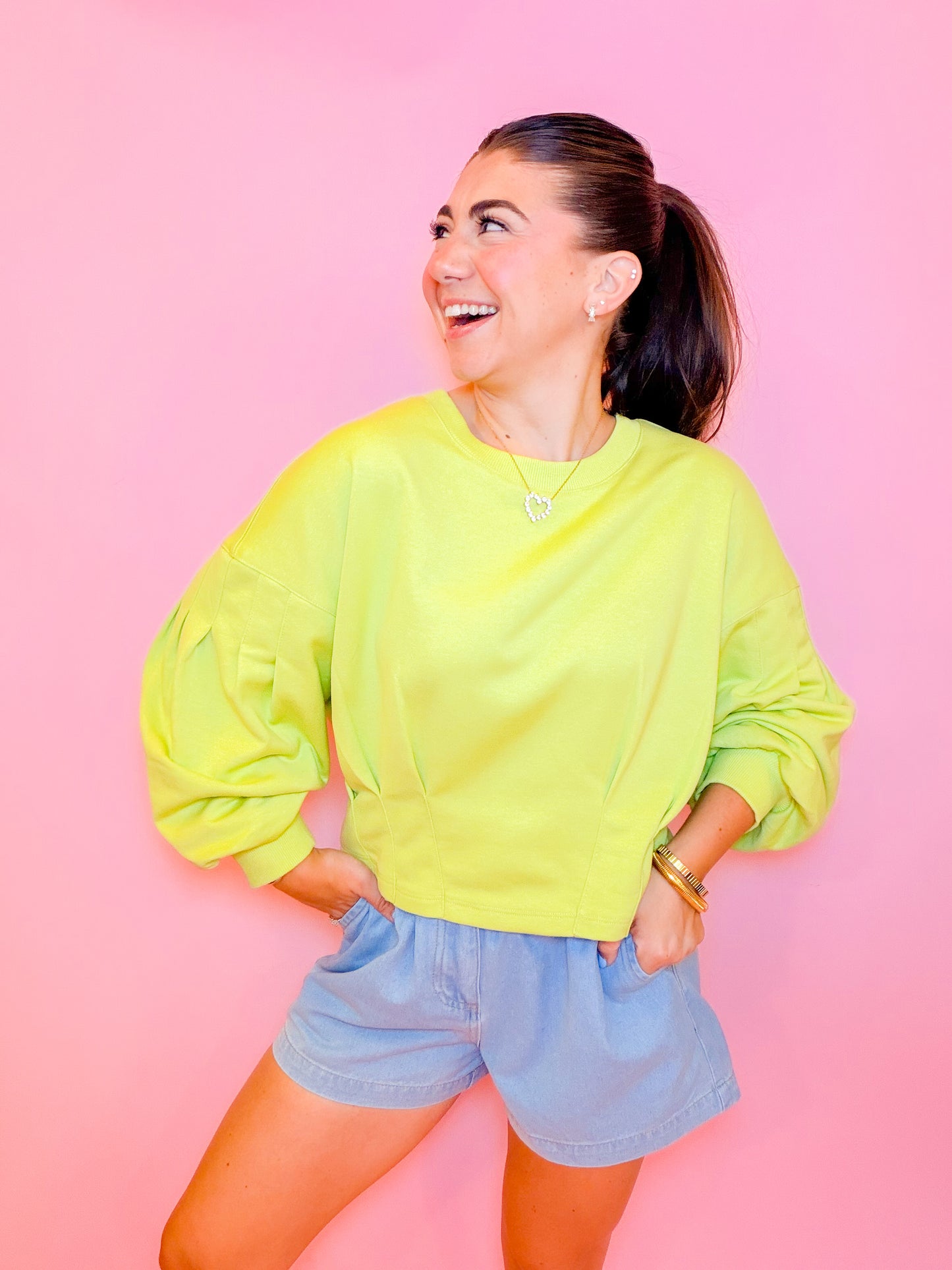 PUFF SLEEVE PLEATED TOP - CHARTREUSE