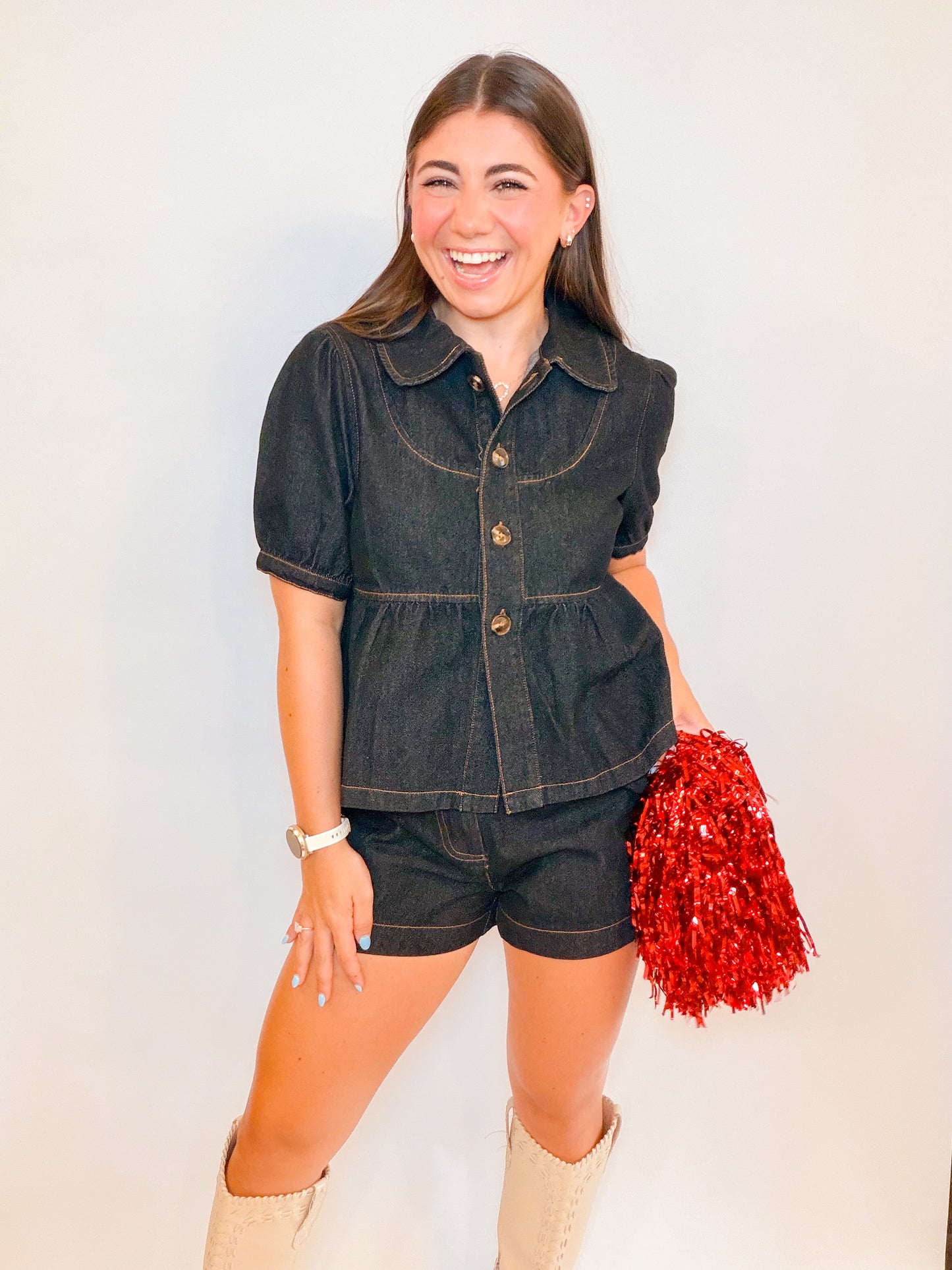 PETER PAN PUFF SLV TOP + DENIM SHORTS SET