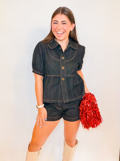 PETER PAN PUFF SLV TOP + DENIM SHORTS SET