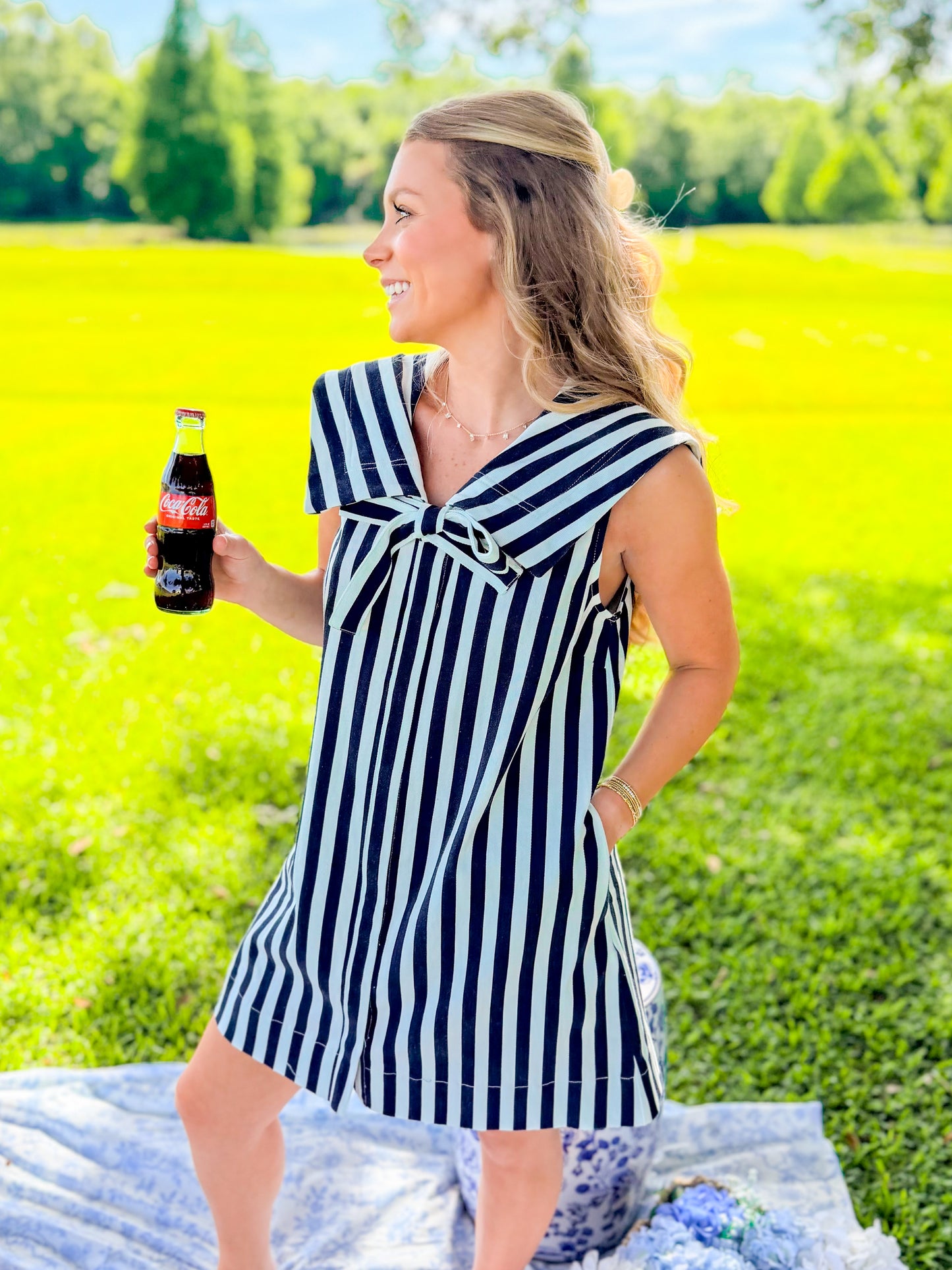 COLLAR + BOW STRIPED DENIM DRESS