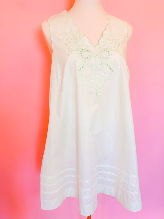 EMBROIDERED SCALLOP V-NECK MINI DRESS
