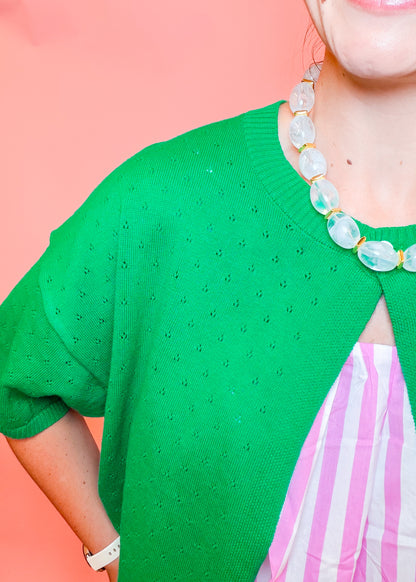 POINTELLE SINGLE BUTTON CARDIGAN - GREEN