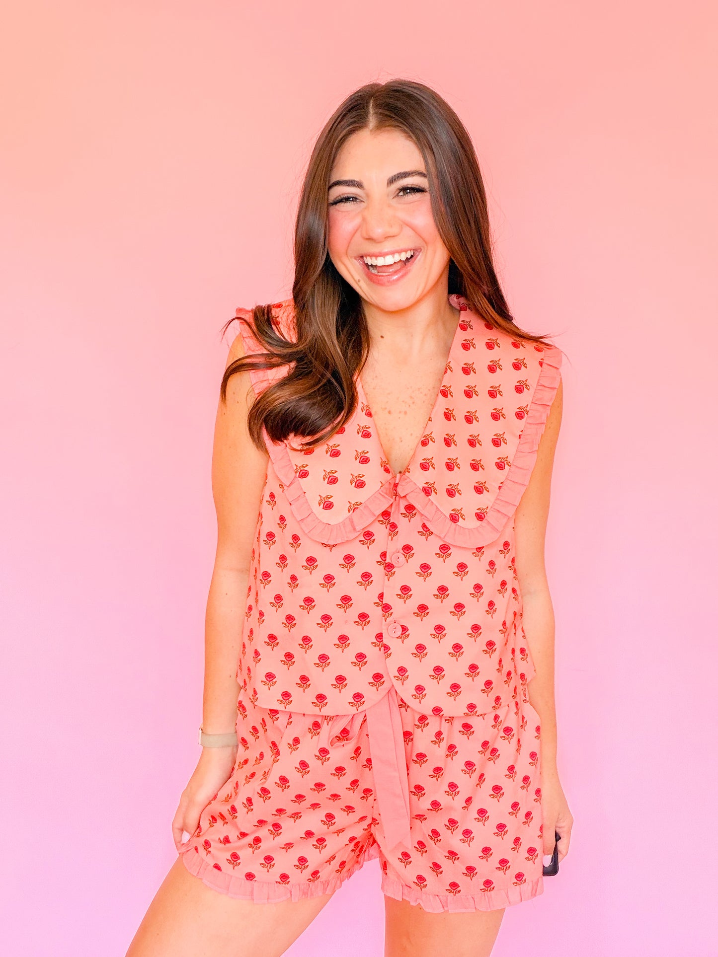 DITSY FLORAL SLEEVELESS COLLAR TOP & RUFFLE SHORTS SET