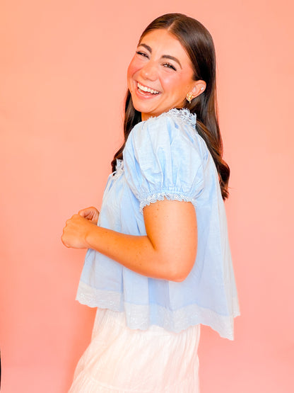 LACE TRIM SHORT SLEEVE TOP - BLUE
