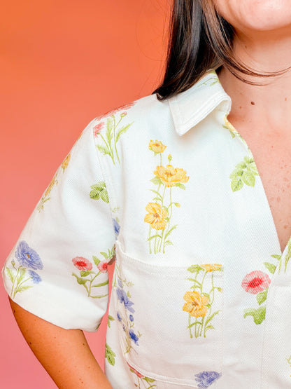 FLORAL DENIM COLLARED TOP