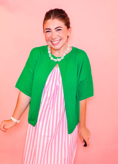 POINTELLE SINGLE BUTTON CARDIGAN - GREEN