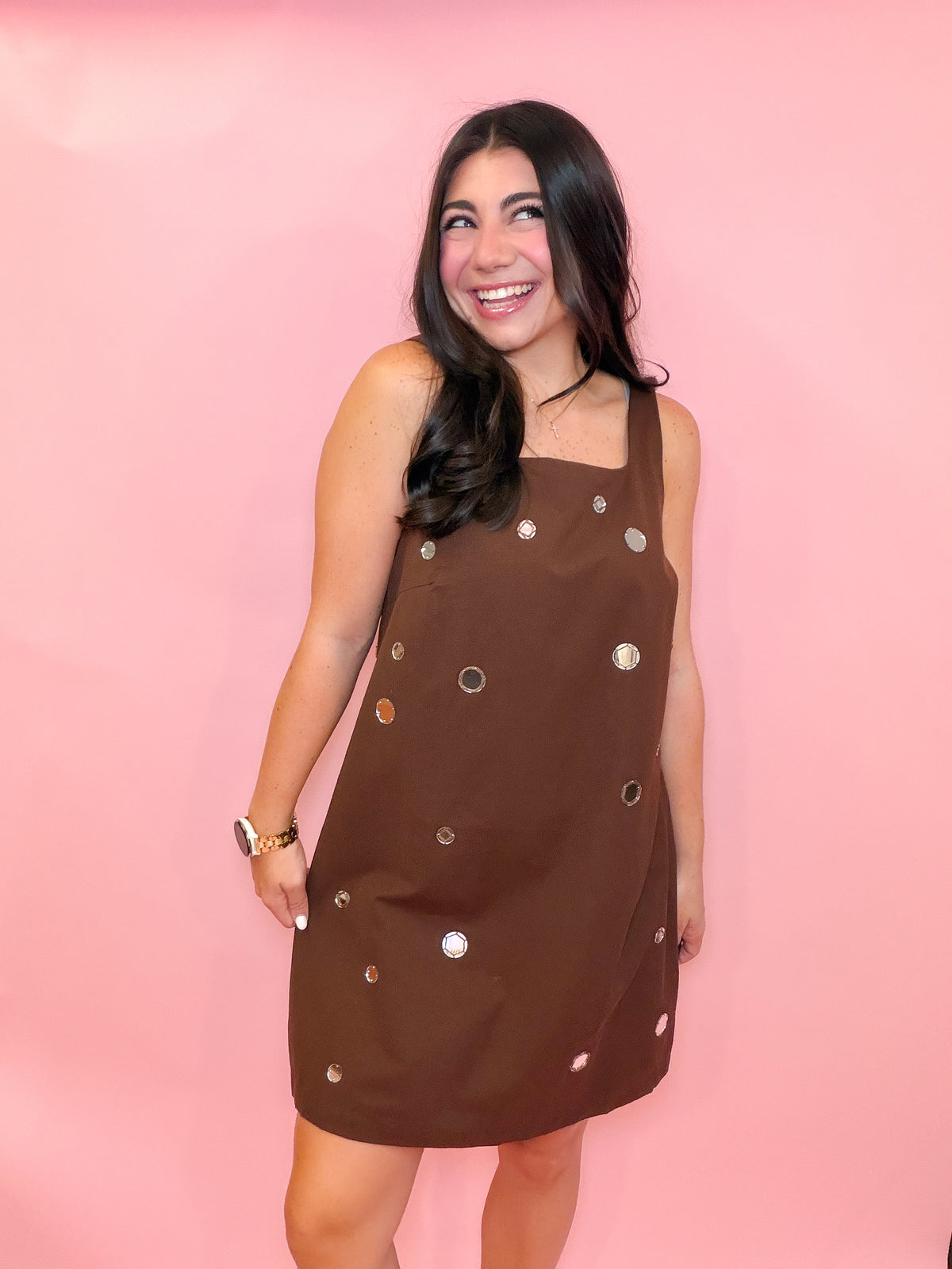 MIRROR EMBELLISHED A-LINE MINI DRESS - CHOCOLATE