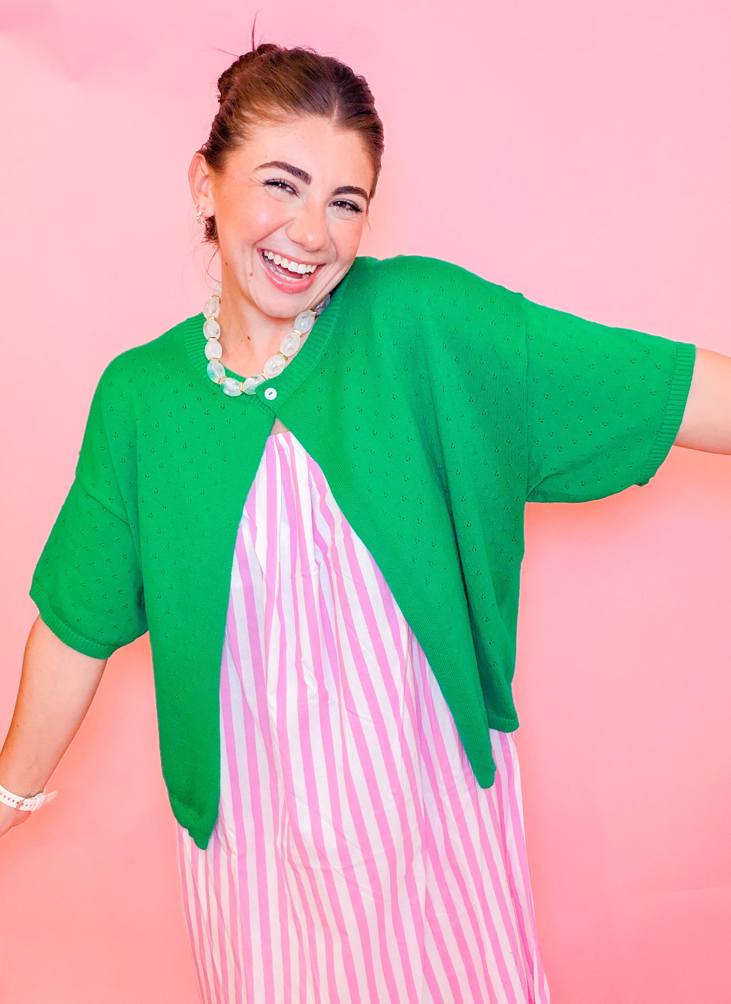 POINTELLE SINGLE BUTTON CARDIGAN - GREEN