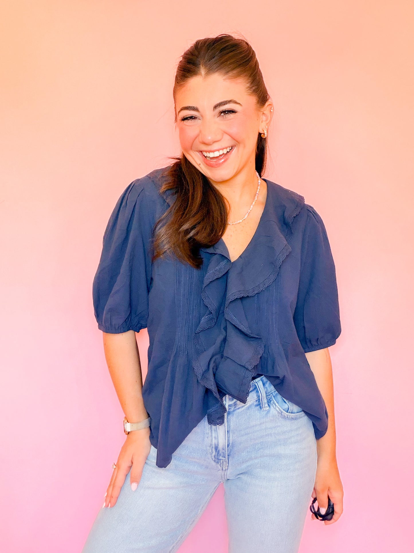 RUFFLED COTTON BLOUSE - NAVY