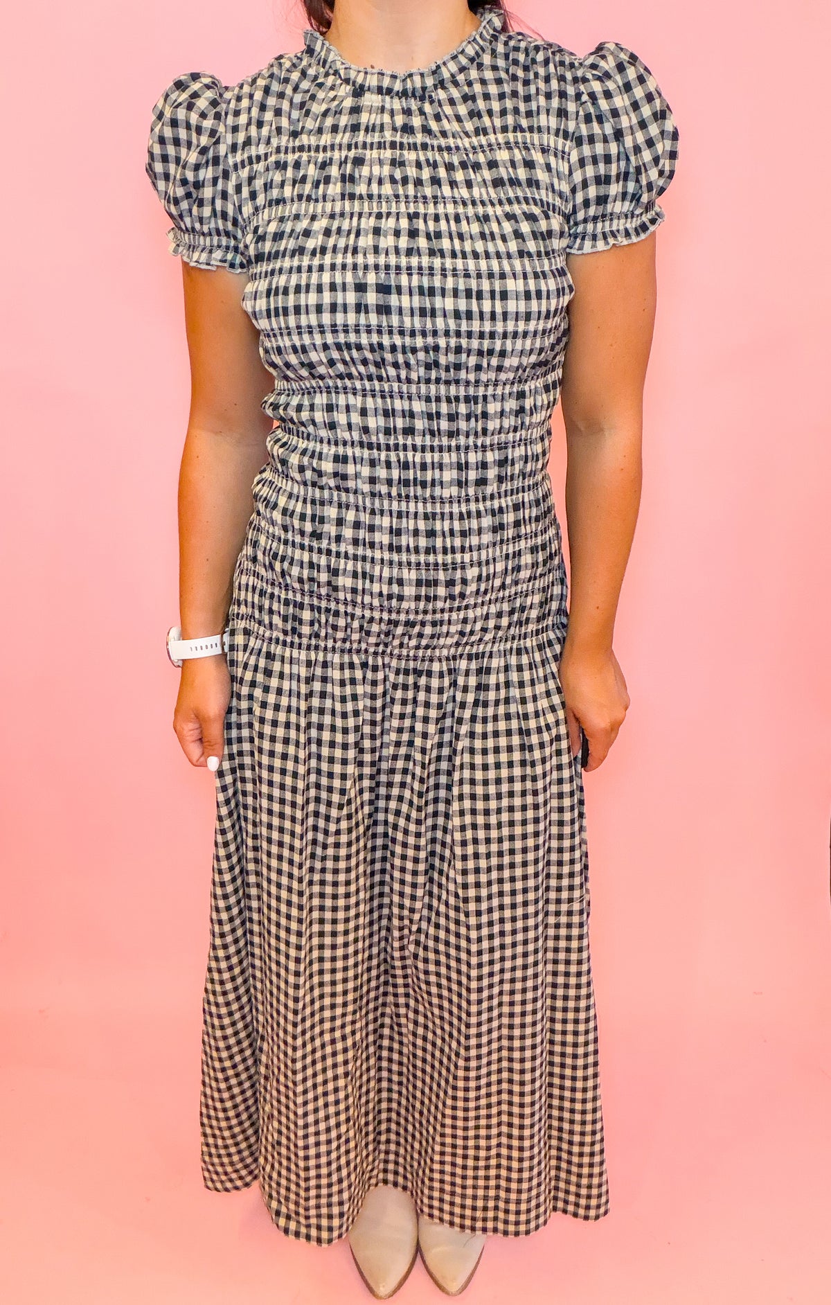 SMOCKED DROP WAIST GINGHAM MIDI DRESS