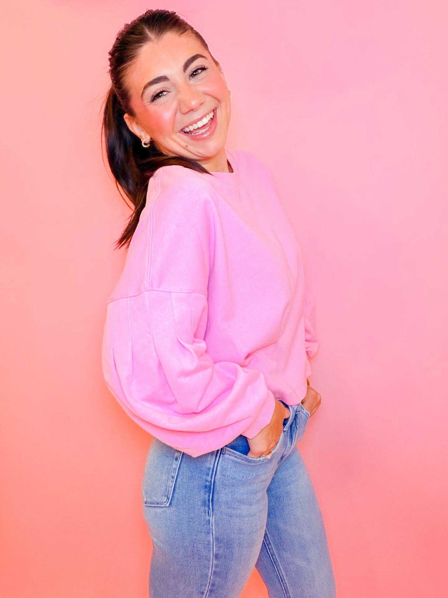 PUFF SLEEVE PLEATED TOP - BUBBLE GUM