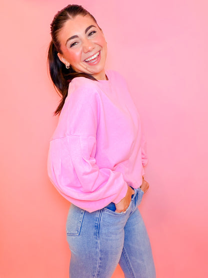 PUFF SLEEVE PLEATED TOP - BUBBLE GUM