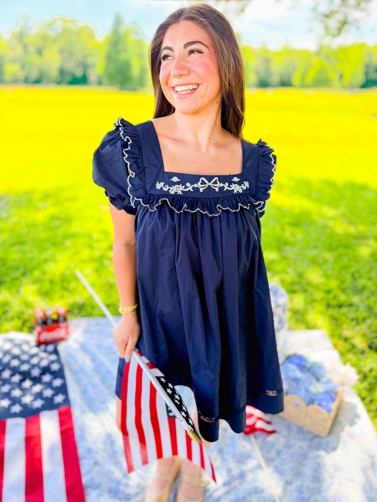 EMBROIDERED PUFF SLV MINI DRESS