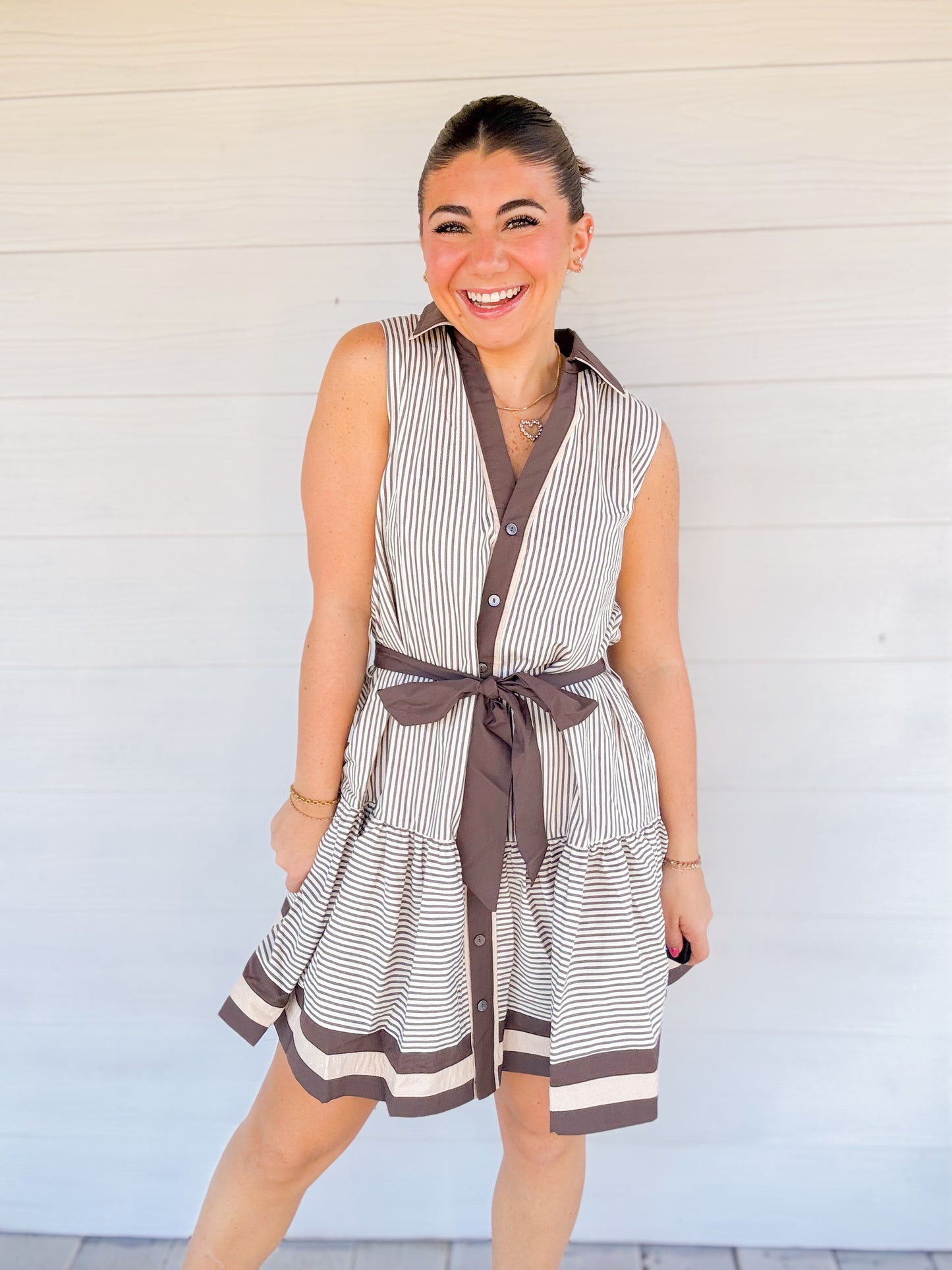 STRIPED RUFFLE HEM SLEEVELESS MINI DRESS