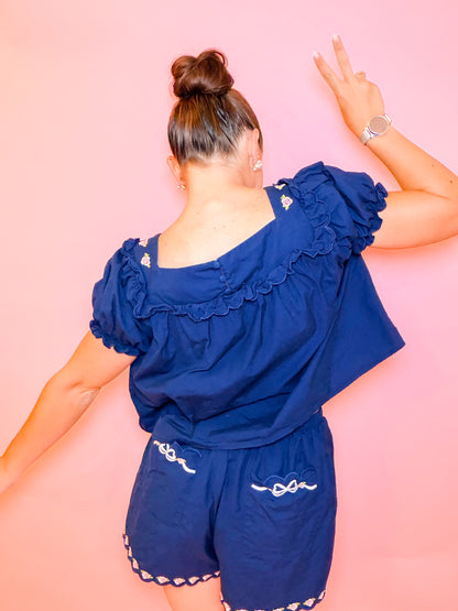 EMBROIDERED SQUARE NECK TOP & SHORT SET - NAVY