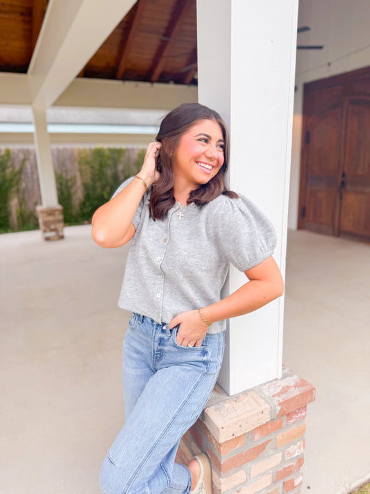 PUFF SLEEVE CREW NECK KNIT TOP