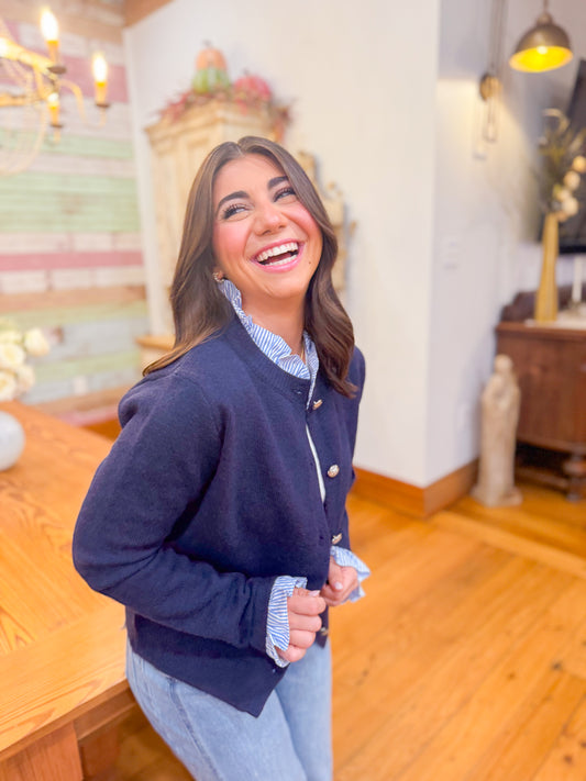 RUFFLE DETAIL BUTTON DOWN CARDIGAN