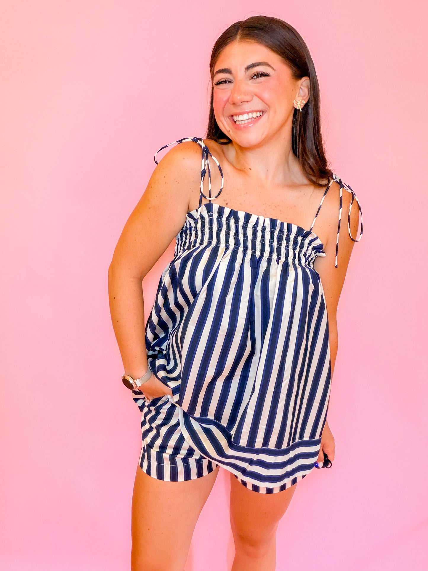 STRIPED SPAGHETTI TOP + HIGH WAISTED SHORTS SET