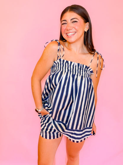 STRIPED SPAGHETTI TOP + HIGH WAISTED SHORTS SET