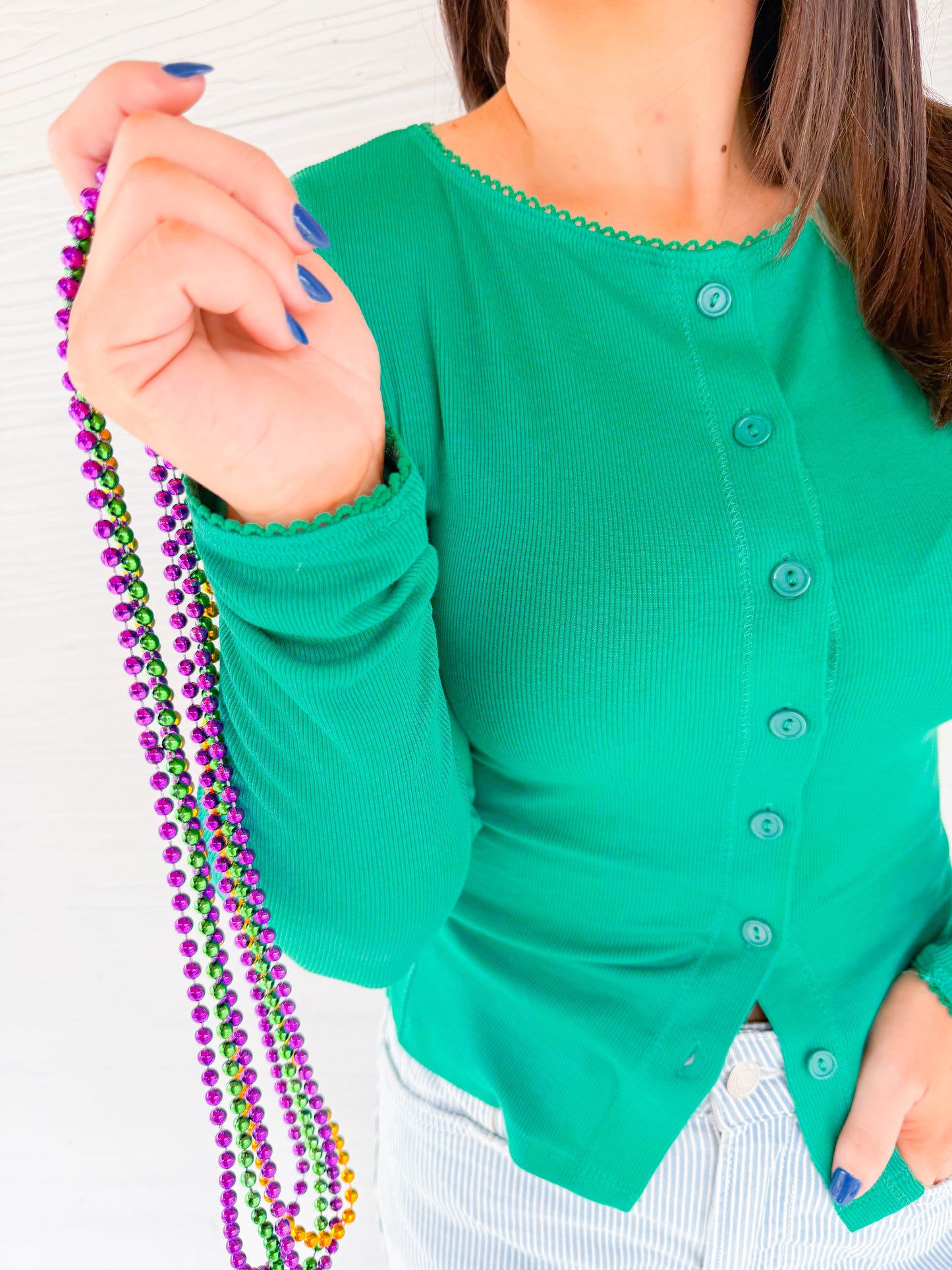 RIBBED LACE TRIM LONG SLEEVE - GREEN