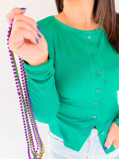 RIBBED LACE TRIM LONG SLEEVE - GREEN