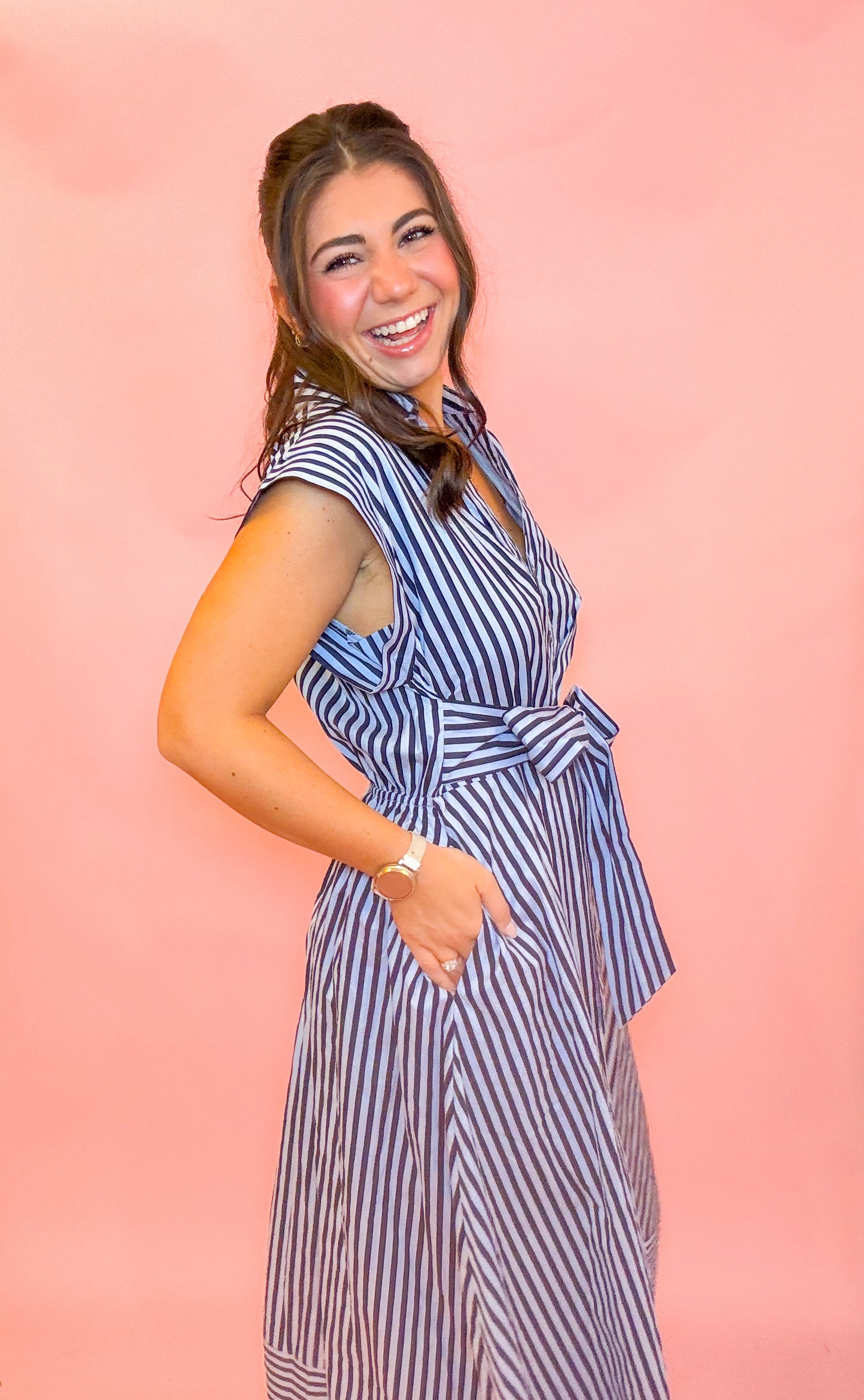 STRIPED WAIST TIE MIDI DRESS