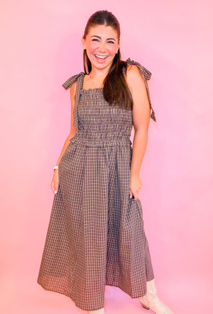 PLAID SMOCKED MIDI DRESS WITH SHOULDER TIE
