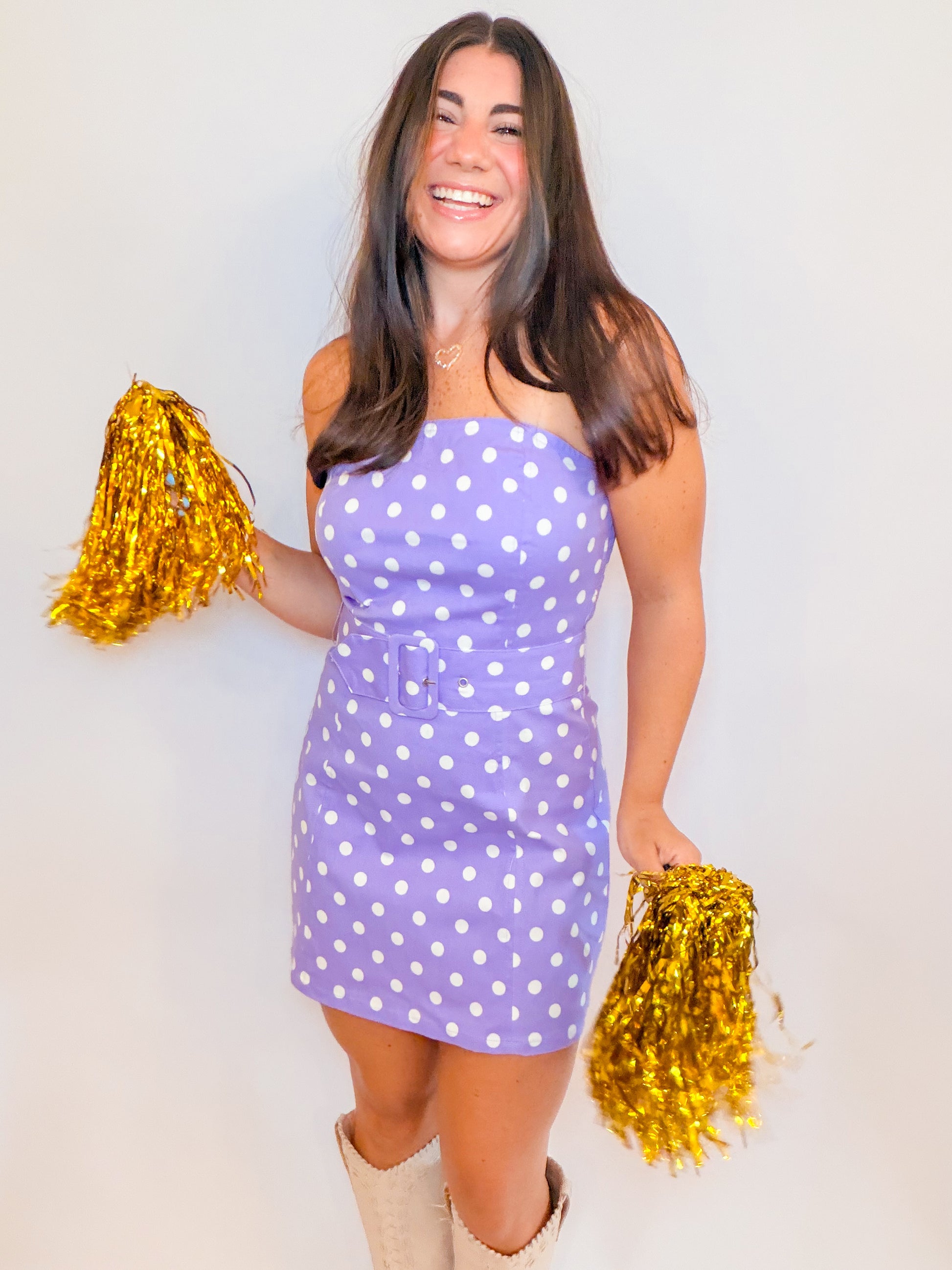 STRAPLESS POLKA DOT DENIM MINI DRESS WITH BELT