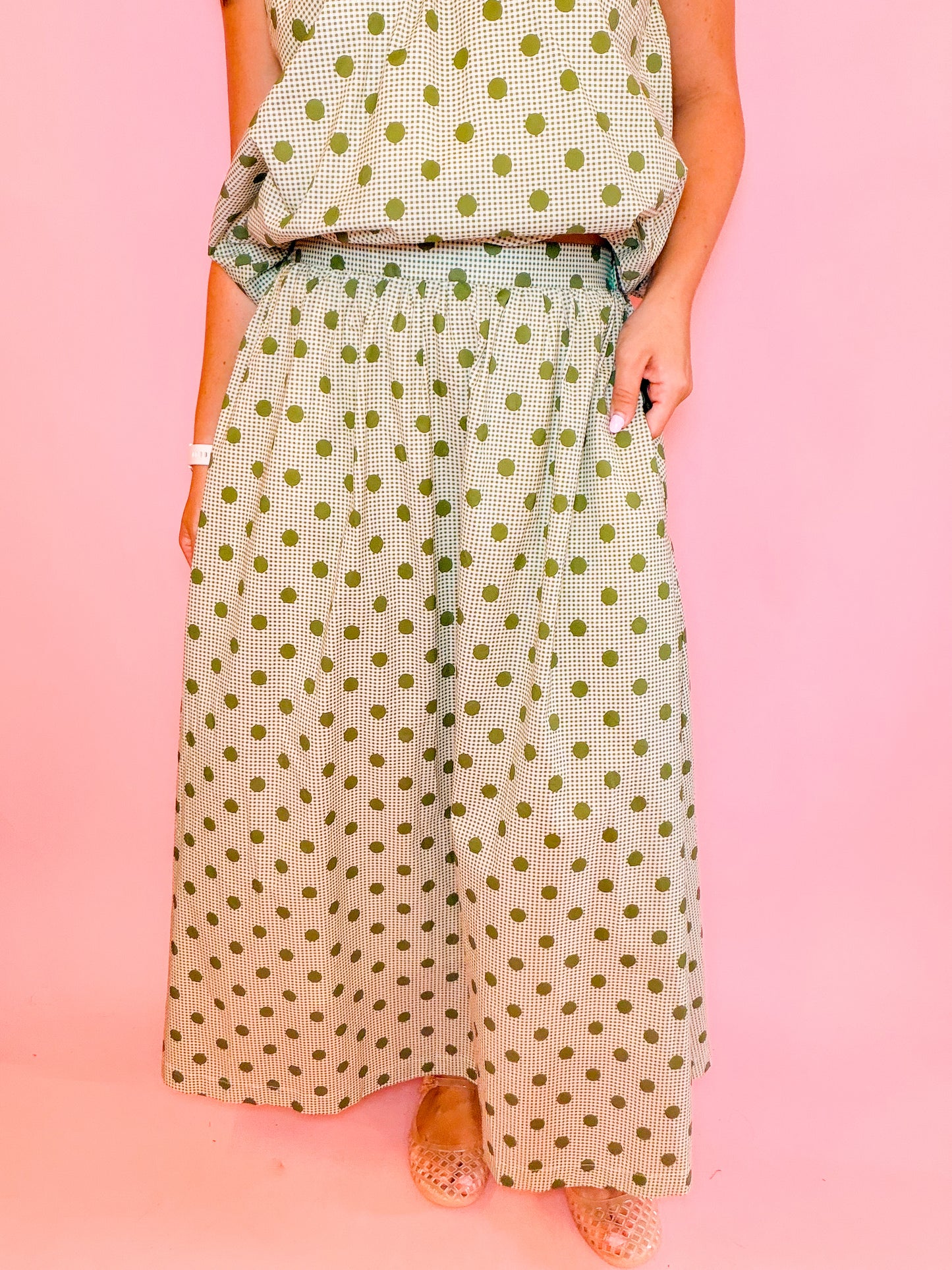 POLKA DOT MIDI SKIRT - OLIVE