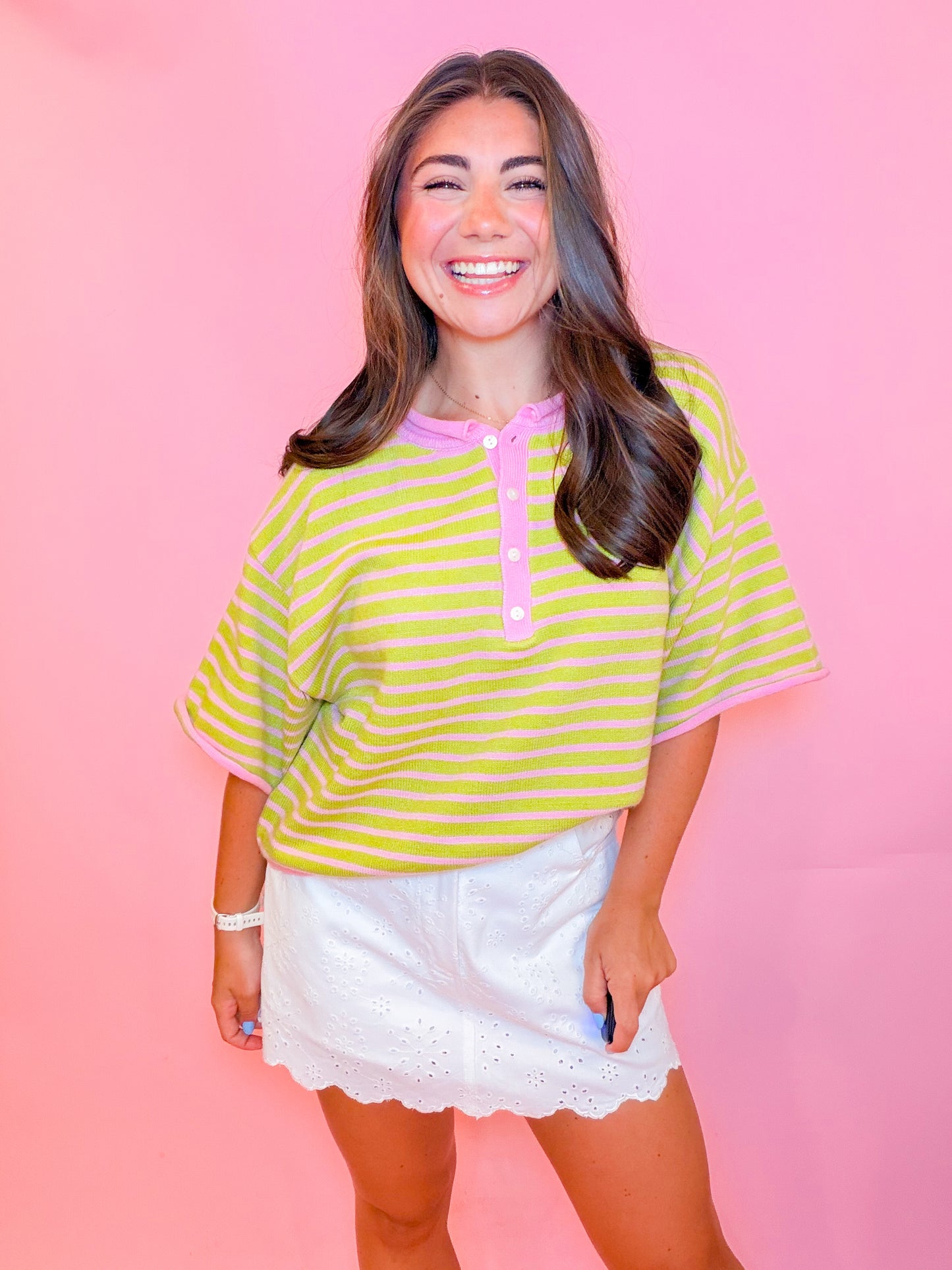 STRIPED HENLEY KNIT TOP - STRAWBERRY/MATCHA