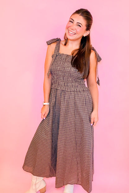 PLAID SMOCKED MIDI DRESS WITH SHOULDER TIE