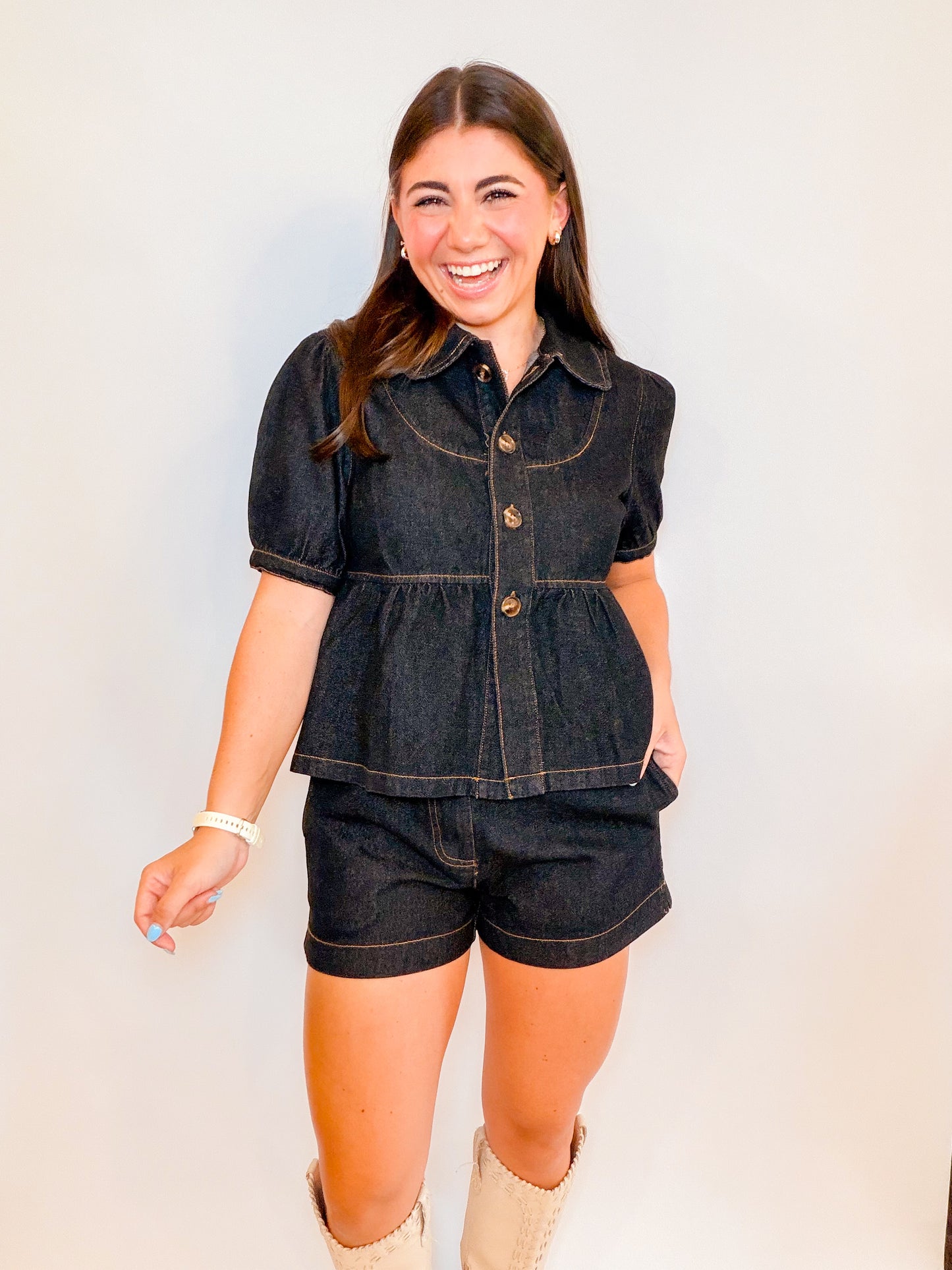 PETER PAN PUFF SLV TOP + DENIM SHORTS SET