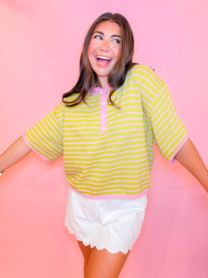 STRIPED HENLEY KNIT TOP - STRAWBERRY/MATCHA