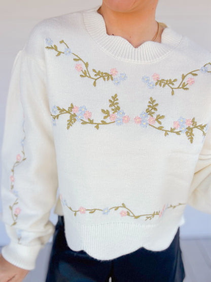 EMBROIDERED SCALLOP DETAIL KNIT TOP