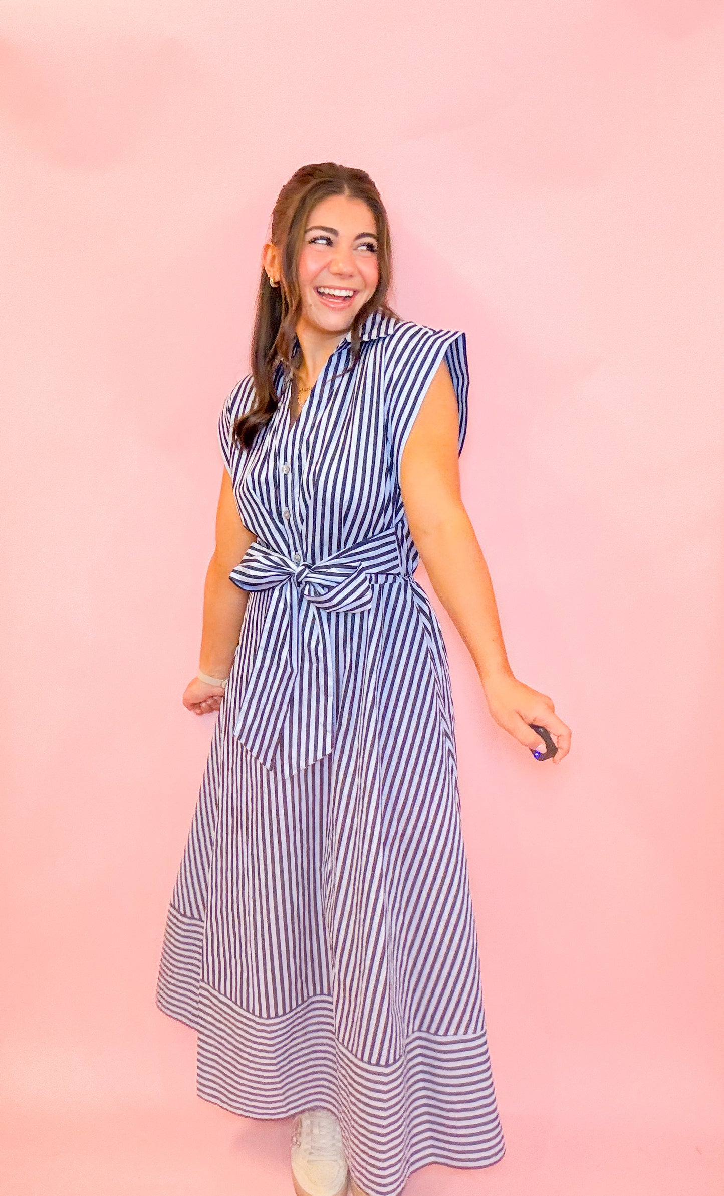 STRIPED WAIST TIE MIDI DRESS